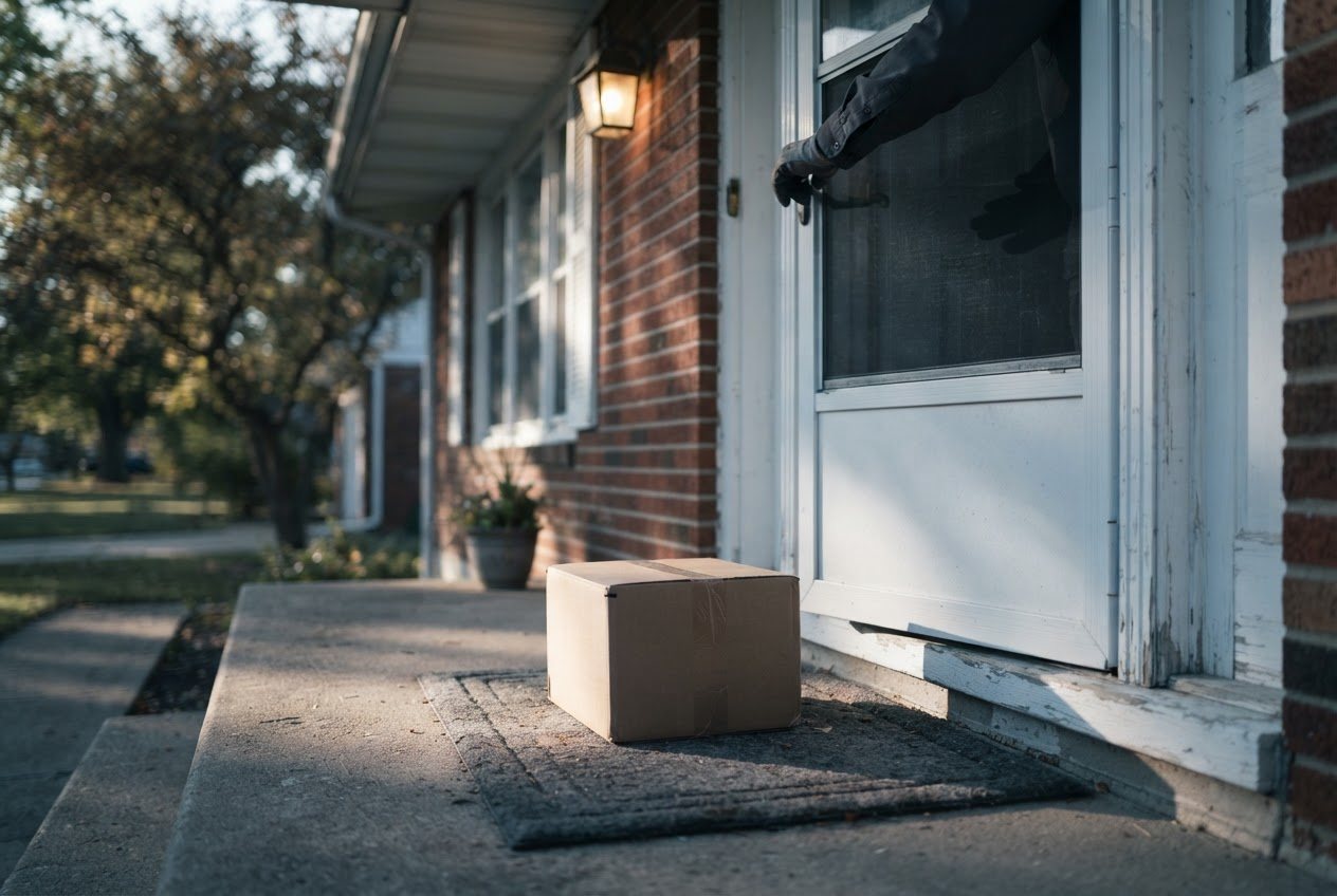 A parcel set squarely on a residential doormat with the porch light on and the storm door just closing, the driver's hand