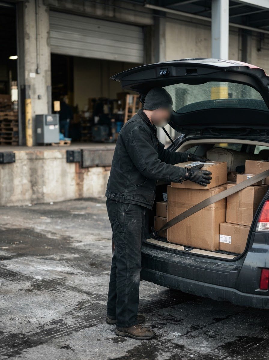 Tall frame looking into the open back seat and hatch of an ordinary unbranded car parked at a warehouse dock: parcels stacked