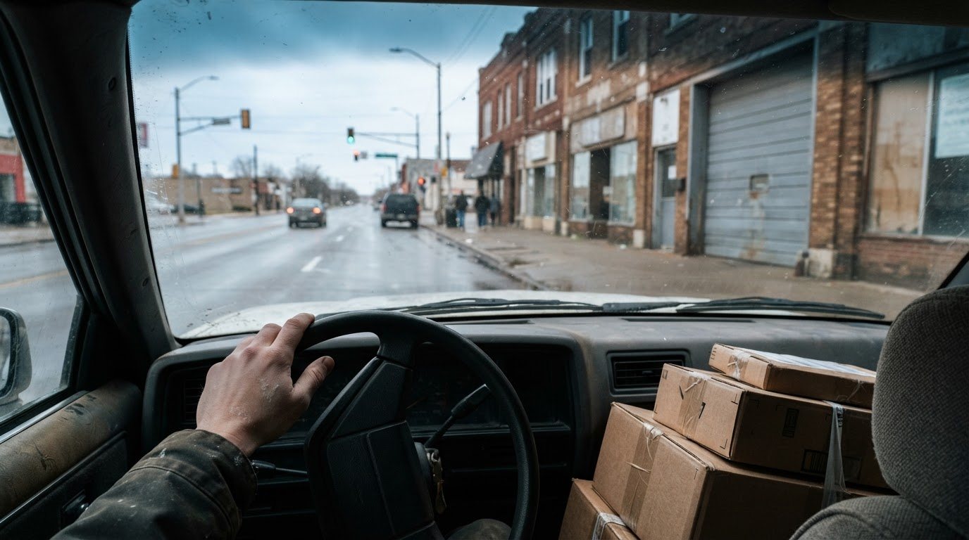 View through a car windscreen on an ordinary Detroit-area street on a working morning: brick storefronts and an overhead door