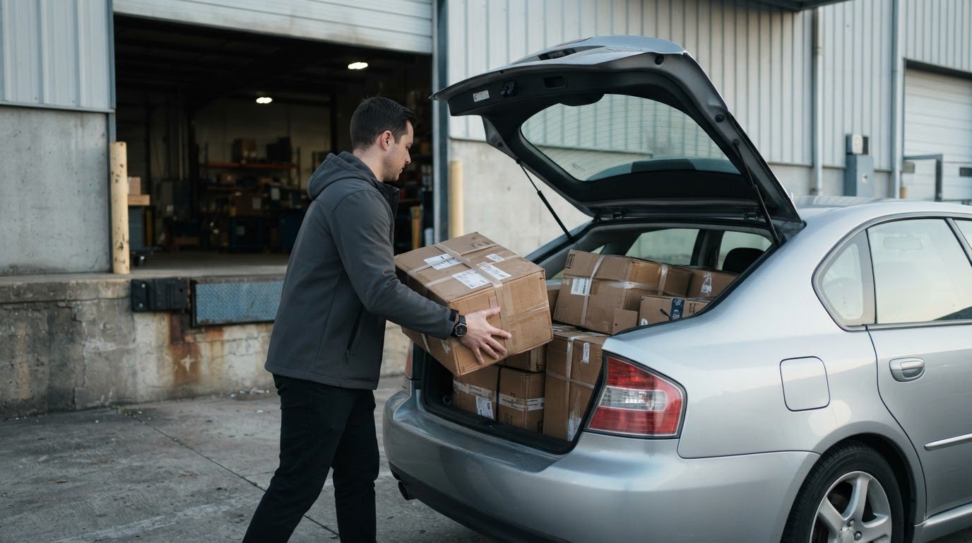A single courier in a plain jacket sliding a stack of clean cardboard parcels into the raised hatch of an ordinary, unbranded